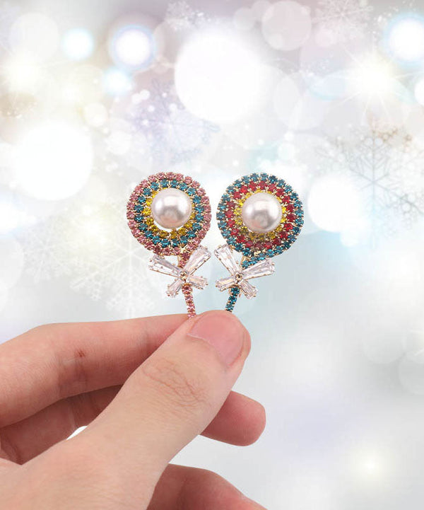 Boho Pink Zircon Pearl Bow Lollipop Brooches