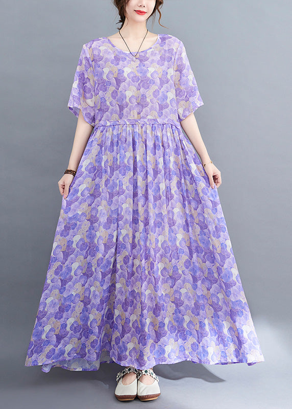 Boho Purple O-Neck Print Patchwork Cotton Long Dress Short Sleeve