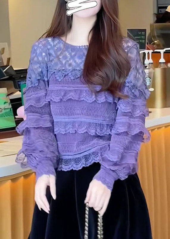 Boho Purple O-Neck Ruffled Patchwork Lace Tops Fall