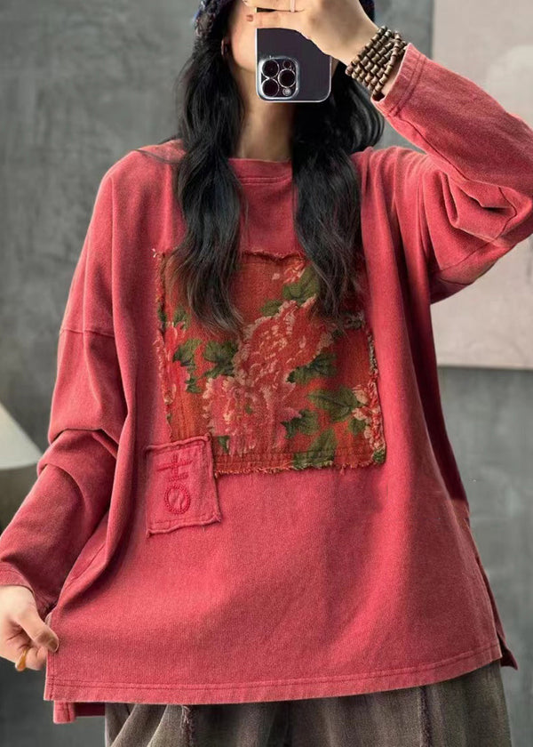 Boho Red O Neck Applique Cotton T Shirt Tops Long Sleeve