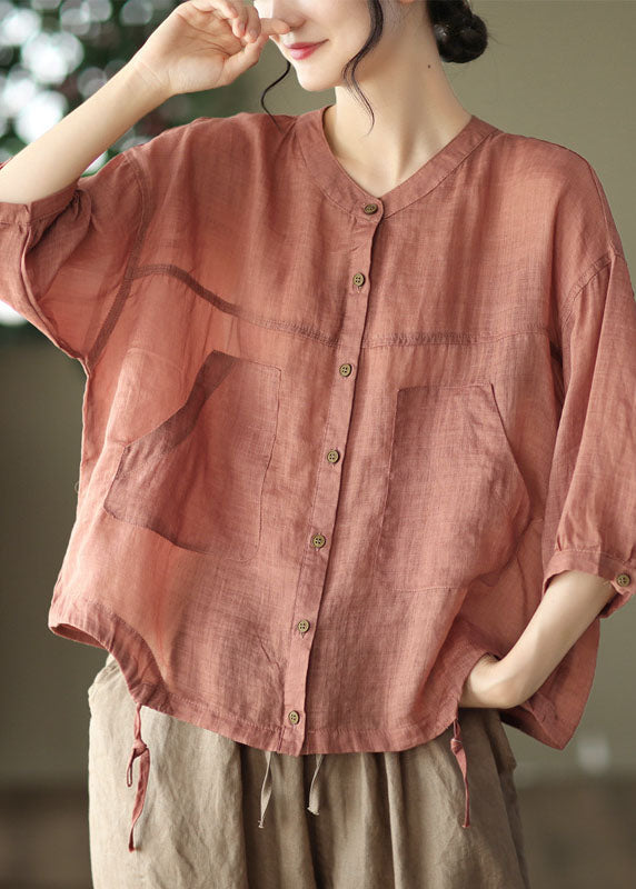 Boho Red O-Neck Oversized Pockets Linen Blouses Bracelet Sleeve