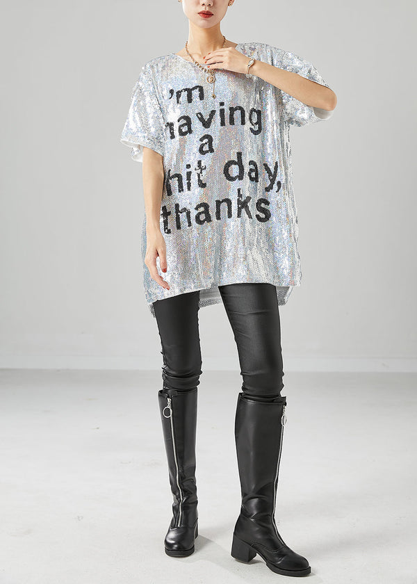 Boho Silver Sequins Oversized Letter Print Tanks Summer