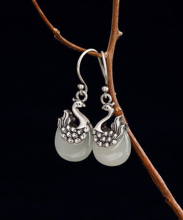 Boho Sterling Silver Legendary Phoenix Jade Drop Earrings