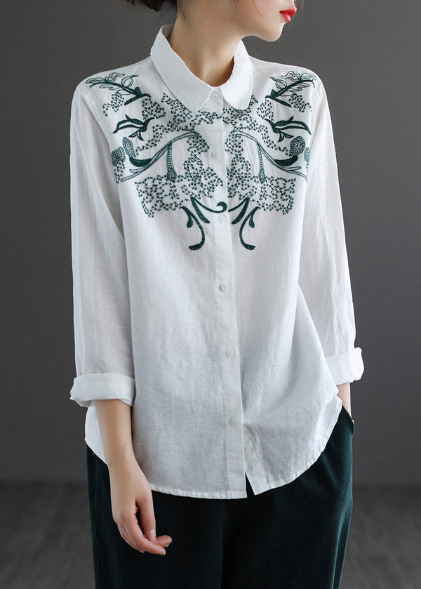 Boho White Peter Pan Collar Embroidered Shirt Long Sleeve