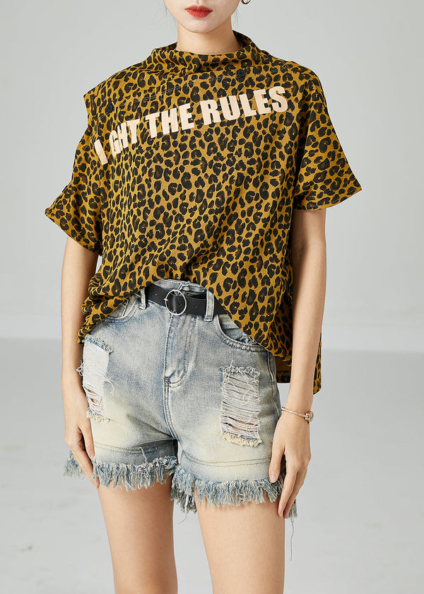 Boho Yellow Cold Shoulder Leopard Print Cotton Tops Summer