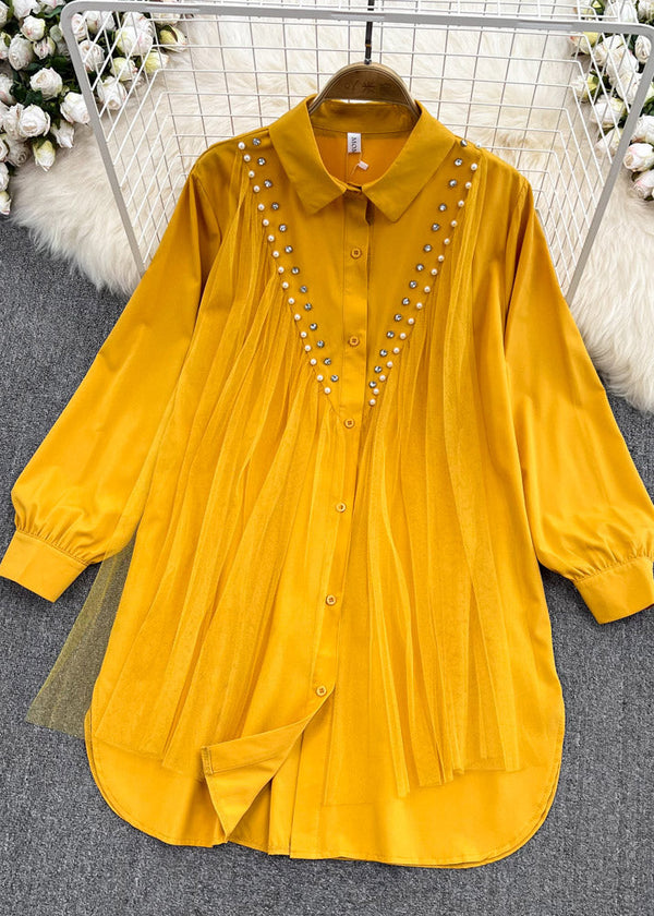 Boho Yellow Peter Pan Collar Patchwork Button Tulle Shirts Long Sleeve