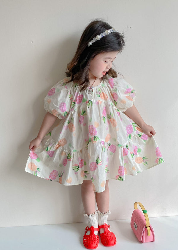 Boutique Beige Print Wrinkled Patchwork Cotton Kids Girls Dresses Summer