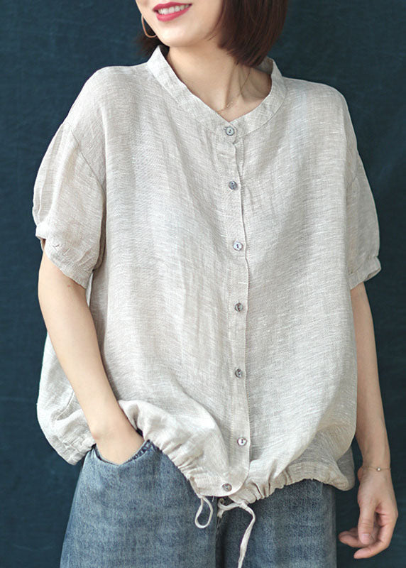 Boutique Beige Stand Collar Patchwork Linen Blouses Summer