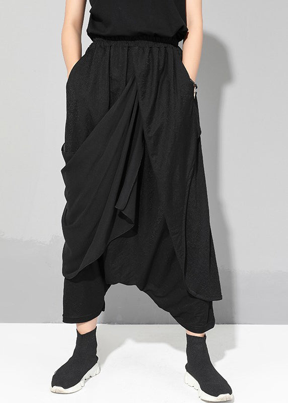 Boutique Black Asymmetrical Pockets Patchwork Elastic Waist Chiffon Pants Summer