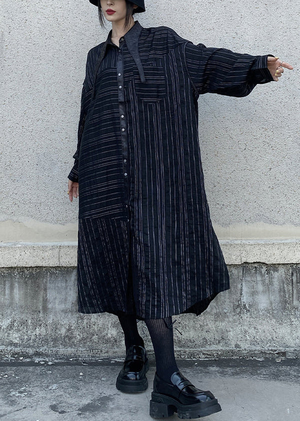 Boutique Black Asymmetrical Striped Cotton Shirts Dress Fall