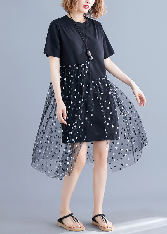 Boutique Black Asymmetrical Tulle Patchwork Cotton Dresses Summer