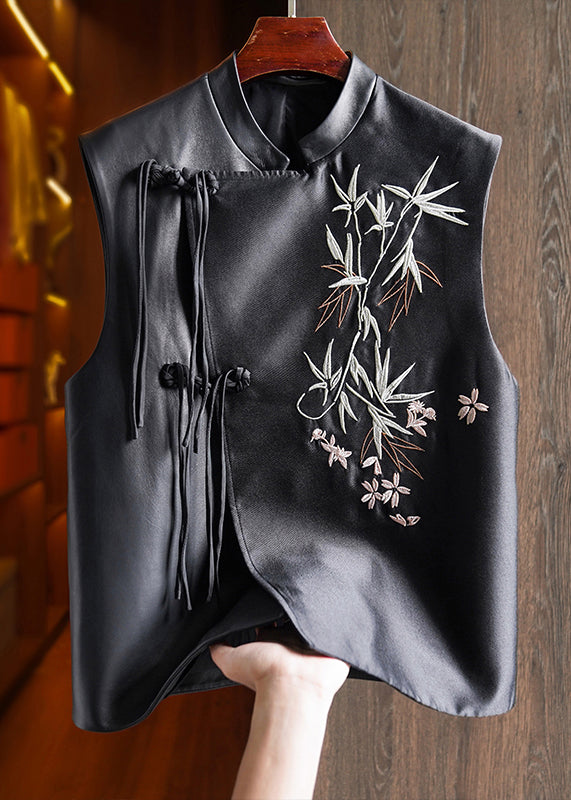 Boutique Black Chinese Button Embroidered Leather Shirt Waistcoat Sleeveless