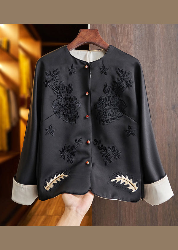 Boutique Black O-Neck Embroidered Patchwork Silk Coats Fall