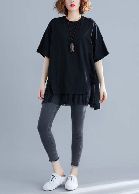 Boutique Black O Neck Tulle Patchwork Cotton T Shirt Short Sleeve