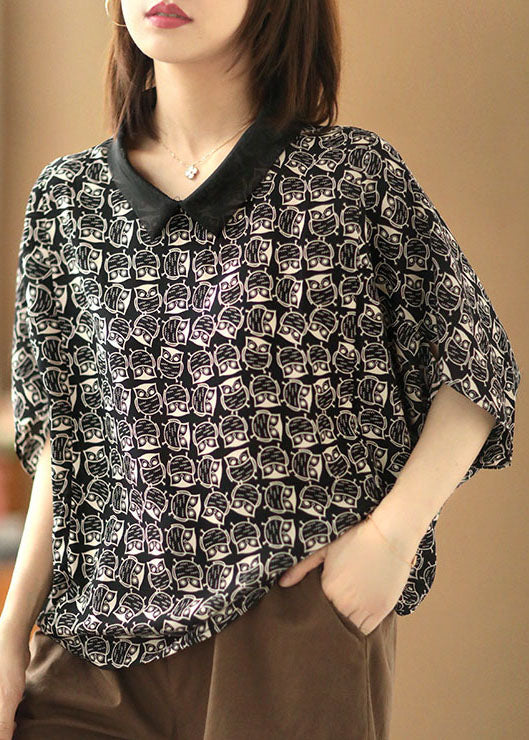 Boutique Black Peter Pan Collar Organza Patchwork Owl Print Chiffon Top Short Sleeve