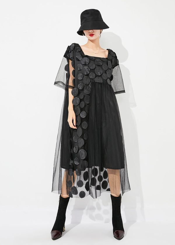 Boutique Black Square Collar Patchwork Hollow Out Tulle Long Dress Summer