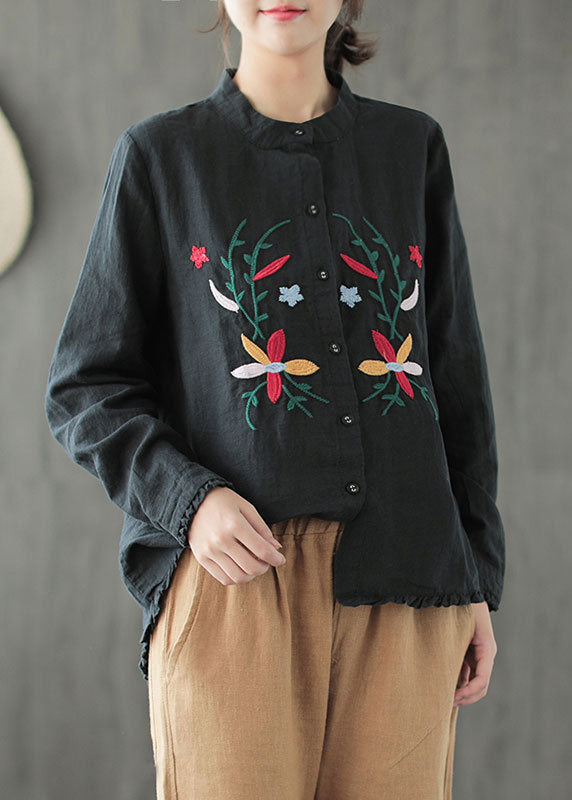 Boutique Black Stand Collar Embroidered Ruffled Low High Design Linen Shirt Long Sleeve