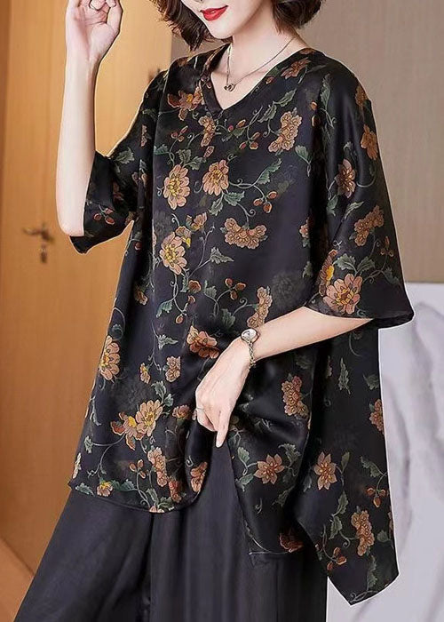 Boutique Black V Neck Asymmetrical Hem Print Silk Long Blouse Top Half Sleeve