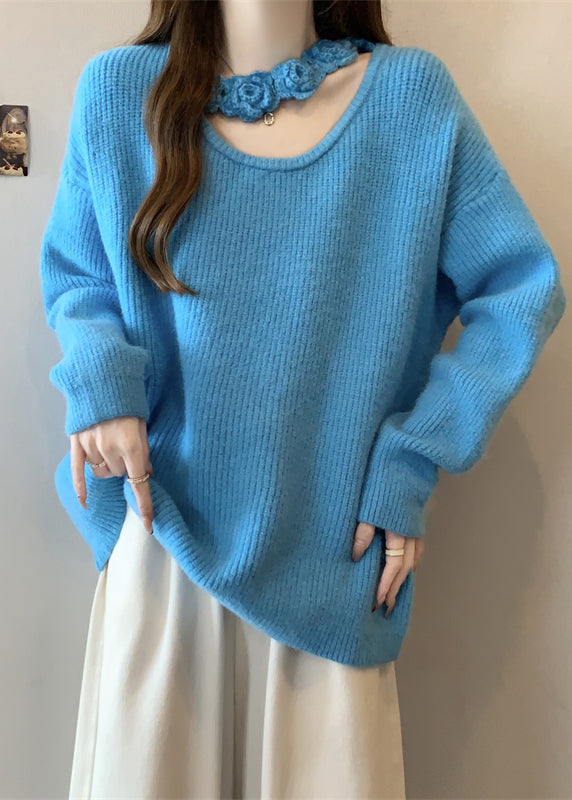 Boutique Blue Hollow Out Floral Knit Sweater Winter