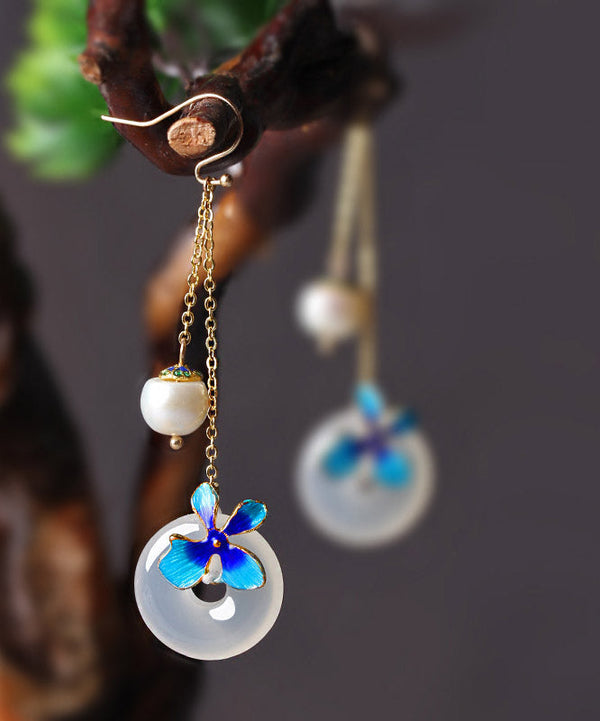 Boutique Blue Overgild Cloisonne Pearl Agate Drop Earrings