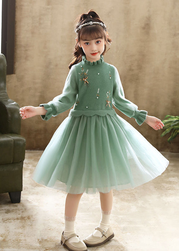 Boutique Green Embroidered Patchwork Tulle Baby Girls Dress Fall