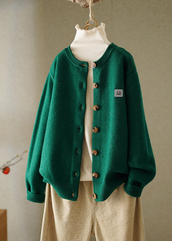 Boutique Green O-Neck Embroidered Button Knitted Cotton Thread Cardigans Fall