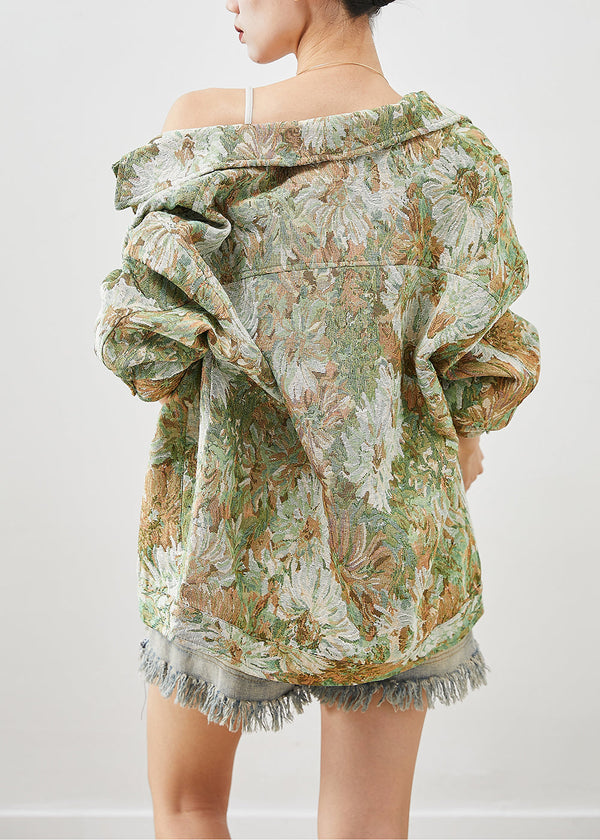 Boutique Green Oversized Floral Painting Denim Coat Fall