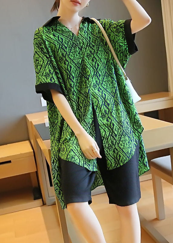 Boutique Green Print Patchwork Low High Design Chiffon Shirt Top Summer