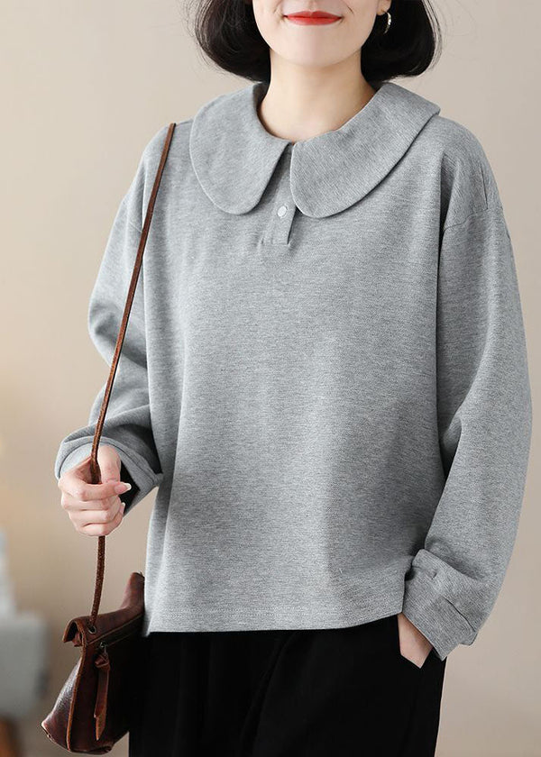 Boutique Grey Peter Pan Collar Flatering Cotton Shirt Spring