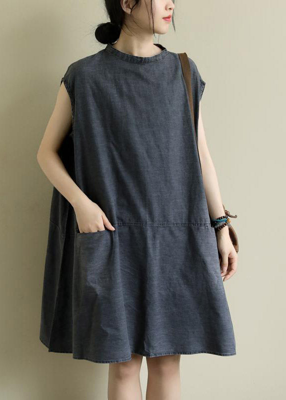 Boutique Grey Stand Collar Patchwork Solid Mid Dress Summer