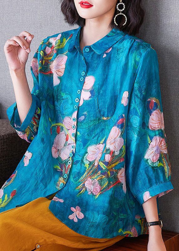 Boutique Lake Blue Peter Pan Collar Print Button Low High Design Ramie Linen Shirt Long Sleeve