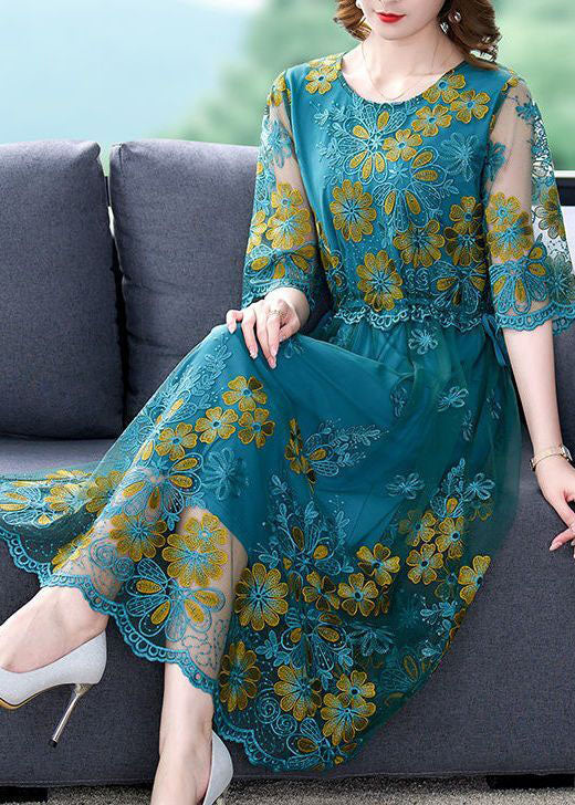 Boutique Peacock Blue Embroidered Slim Fit Tulle Dress Half Sleeve