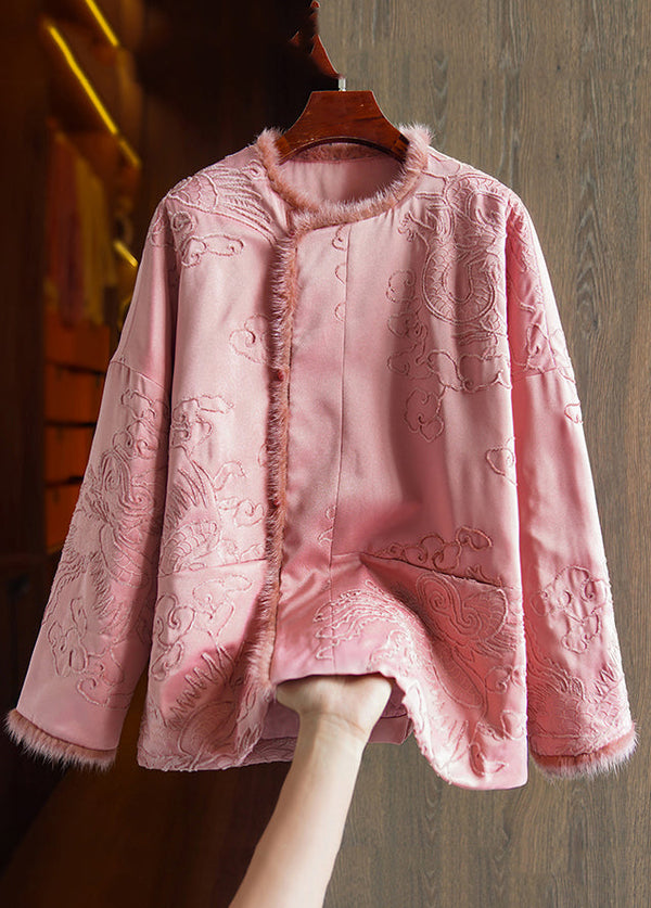 Boutique Pink Embroidered Mink Hair Patchwork Parka Winter