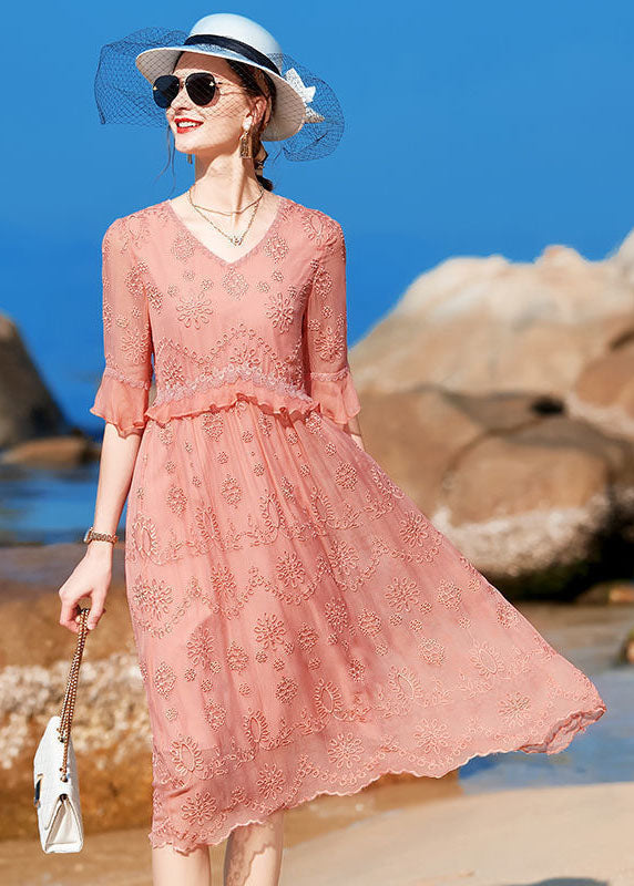 Boutique Pink V Neck Embroidered Ruffles Silk Long Dress Half Sleeve