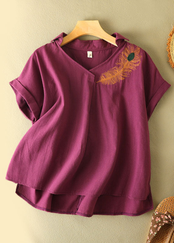 Boutique Purple V Neck Feathers Embroidered Cotton Blouses Short Sleeve