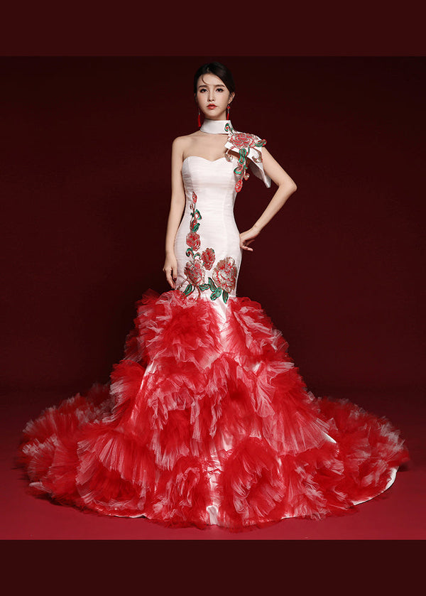 Boutique Red Embroidered Ruffled Tulle Bustier Dresses Sleeveless