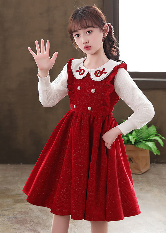 Boutique Red Ruffled Patchwork Warm Fleece Baby Girls Dresses Fall