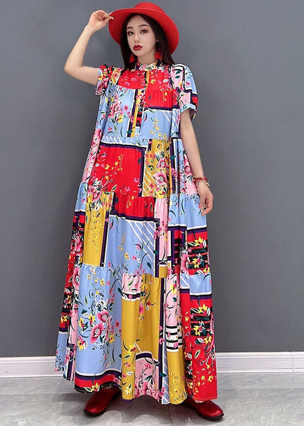 Boutique Red Stand Collar Print Patchwork Loose Long Dresses Short Sleeve