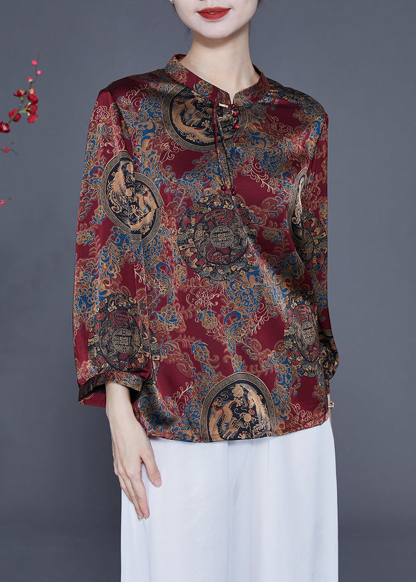 Boutique Red Stand Collar Print Silk Blouse Tops Spring