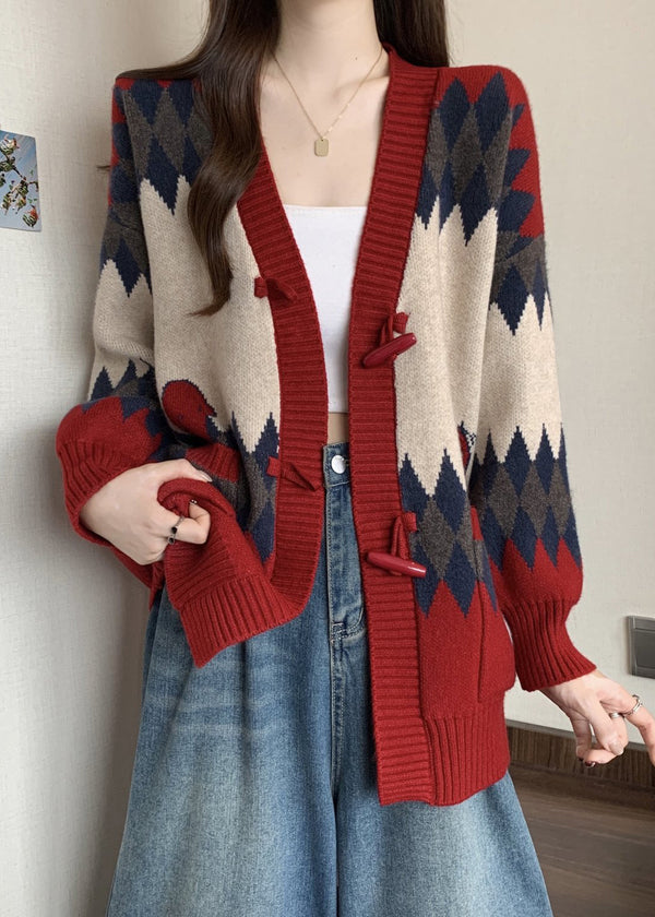 Boutique Red V Neck Bull Horn Buckle Knit Cardigans Winter