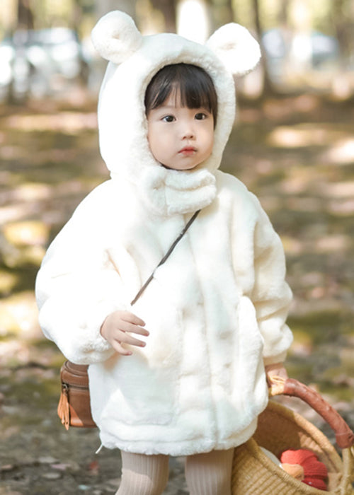 Boutique White Hooded Pockets Fluffy Girls Coat Long Sleeve