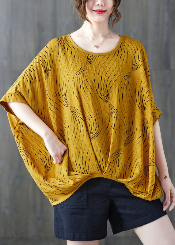 Boutique Yellow Asymmetrical Wrinkled Cotton Tank Top Batwing Sleeve