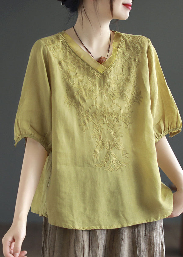 Boutique Yellow V Neck Embroidered Patchwork Linen T Shirt Summer