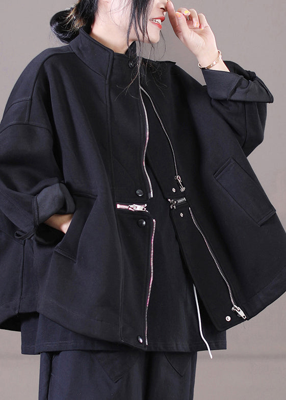 Brief Black Peter Pan Collar Zippered Patchwork Pockets Cotton Coat Long Sleeve