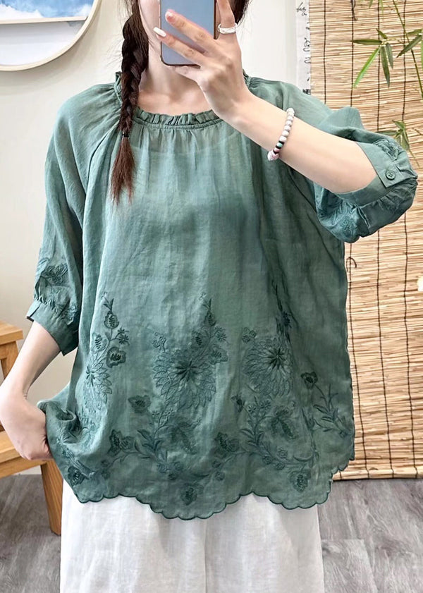 Brief Green O-Neck Embroidered Ruffled Patchwork Linen Top Fall