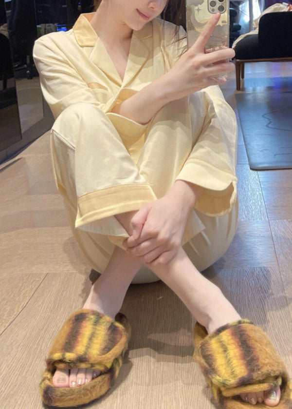 Brief Light Yellow Peter Pan Collar Patchwork Button Solid Ice Silk Pajamas Two Pieces Set Long Sleeve