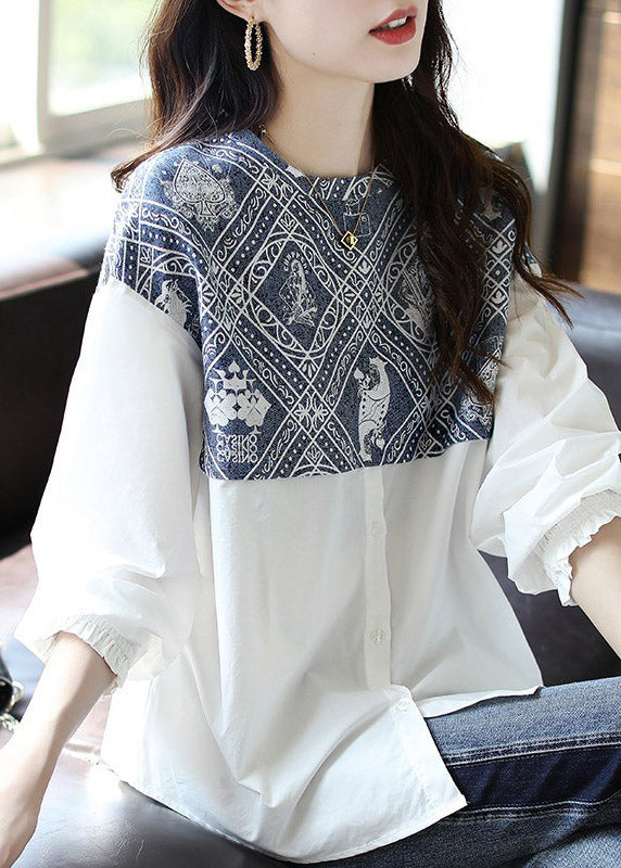 Brief White O-Neck Print Patchwork Button Shirt Long Sleeve