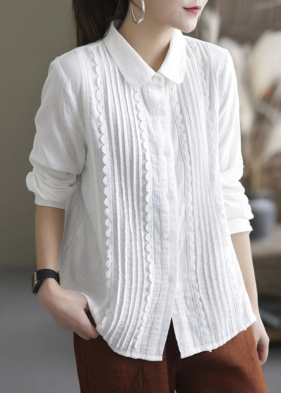 Brief White Peter Pan Collar Wrinkled Cotton Shirt Long Sleeve