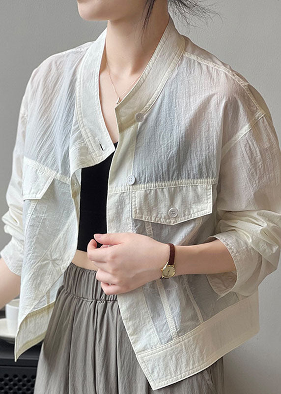 Brief White Stand Collar Patchwork Thin Shirt Spring