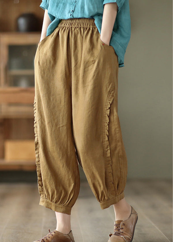 Brown Ruffled Elastic Waist Cozy Crop Pants